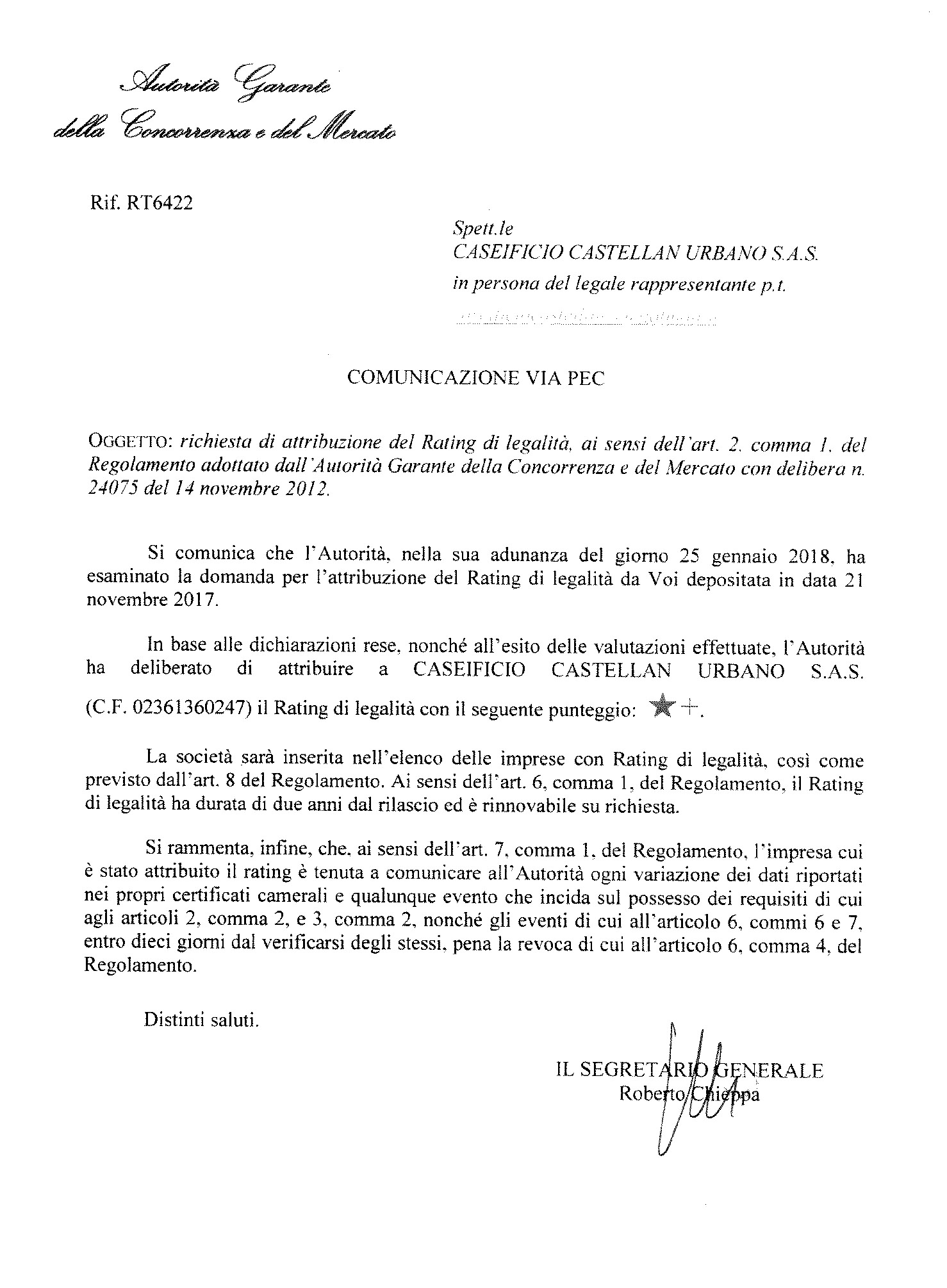 Rating legalità 2018 Caseificio Castellan Urbano