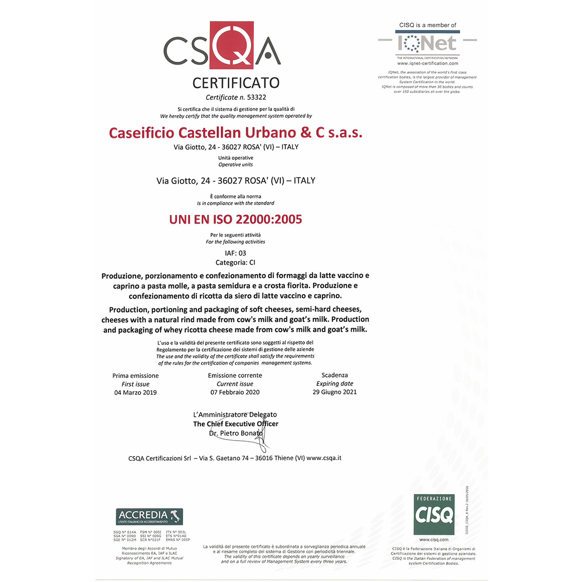 RILASCIO CERTIFICAZIONE UNI EN ISO 22000:2005